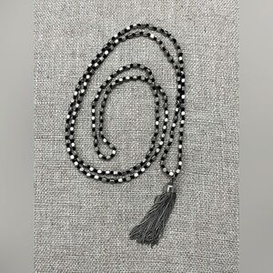 Long 46” silver beaded tassel necklace